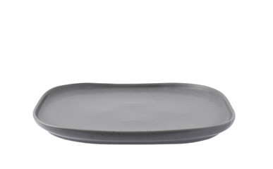 Empty gray square stoneware dinner plate isolated cutout on transparent