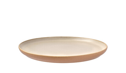 Empty beige stoneware dinner plate isolated cutout on transparent