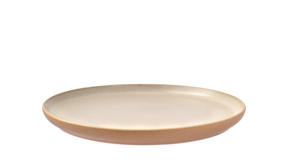 Empty beige stoneware dinner plate isolated cutout on transparent