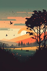 Vector impressionism minimal landscape: a serene scene of soft colors and shapes, capturing the essence of nature through digital art.