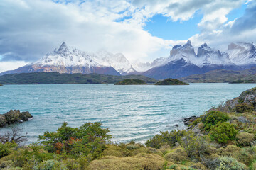 Naklejka na ściany i meble Landscape with lake Lago del Pehoe in the Torres del Paine national park, Patagonia, Chile