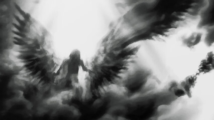 Fototapeta na wymiar Angel Lucifer in heaven, black clouds, mystical atmosphere