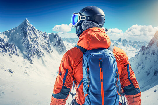 A skier is prepared with all the necessary gear and ready to take on the slopes. Wearing a jacket and helmet, they have a backpack fitted with likely ski equipment, AI generative