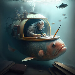 writer under the sea in an underwater fish - obrazy, fototapety, plakaty