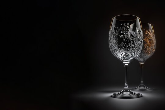 Two christall wine glasses at black background. Wedding, celebration or Valentine's day concept. Photorealistic image, studio light, copy spase. Generative AI