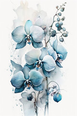 Tropical blue Orchid plant with blue flowers and green leaves. Watercolor drawing. Floral illustration. Generative AI