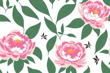 Deurstickers Seamless pattern of a beautiful peonies on pastel background, generative ai. Minimal flowers concept with no shadows. Abstract backdrop. Top view © Aleksandr