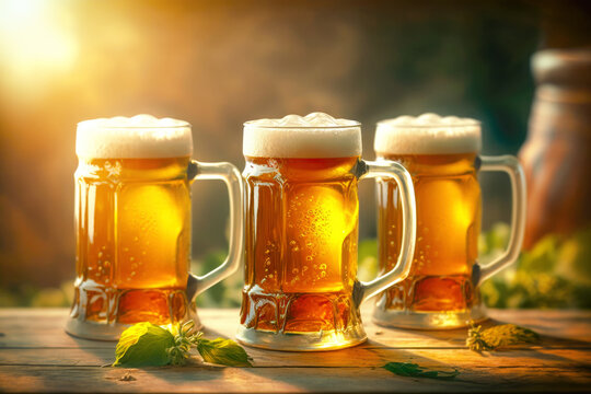 Three mugs of rich, aromatic, and hoppy beer, all beautifully arranged and ready to be enjoyed. The golden hue of the beer is complemented by the white foam, AI generative