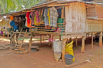 Fototapeta na wymiar Clothes hanging at a modest home in Mon Tribal Village, Kanchanaburi, Thailand