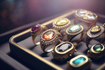 Golden and silver rings with big gems and precious stones on a window of a jewelry store. AI generative
