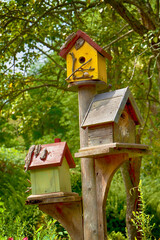 Three colorful birdhouses on post