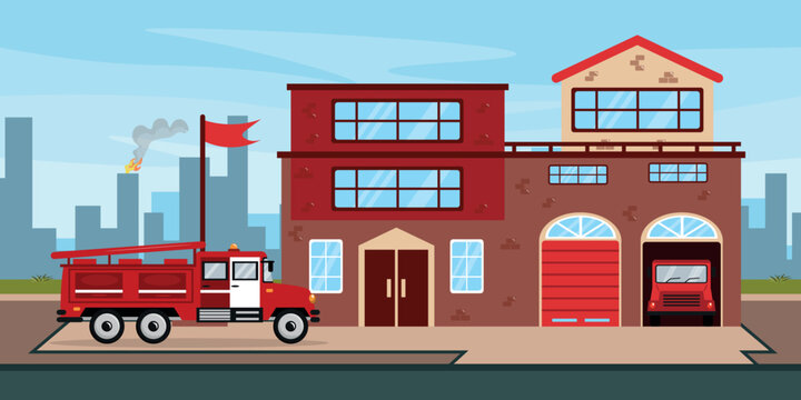 Vector illustration of a beautiful fire station.Cartoon fire station with a red fire engine. Facade of a fire department with a silhouette of a burning house. Emergency