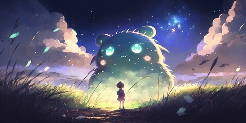 Obraz premium Cute monster in meadow landscape, sunset, dusk. Anime style watercolor as background. illustration painting. Generative AI.