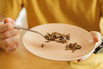Spoonful of cooked insects - a sustainable, protein-rich food source for the future. Highlights trend of insect consumption as an edible dish. Future as the planet faces food shortages