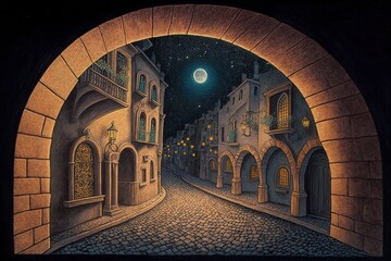 illustration, a strange magical night city in color, ai generative