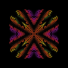 Beautiful caleidoscope symmetrical colourful gradient flowers line art of traditional background batik dayak ornament design template elements
