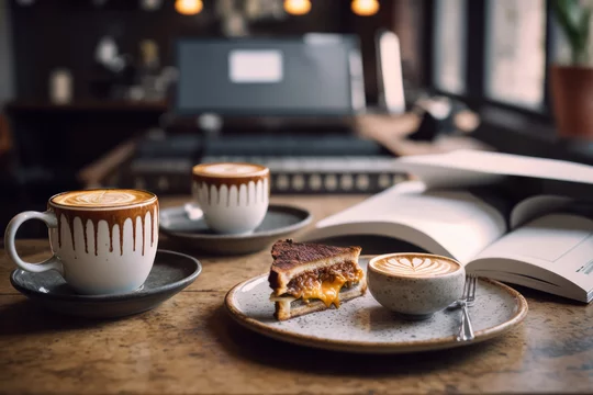 A cup of cappuccino, coffee and breakfast pastries on a wooden table with a  laptop computer for work and accessories. Generative AI Stock Photo