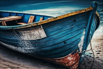 illustration, a blue wooden boat, ai generative