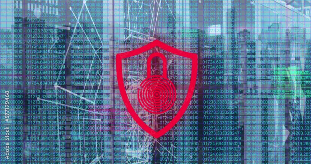Poster animation of neon security icon with network connecting dots, coding against cityscape