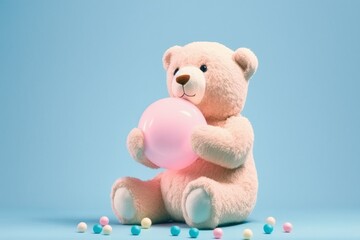 Cute teddy bear with pink balloon on a pastel blue background. Adorable teddy bear. Isolated. 