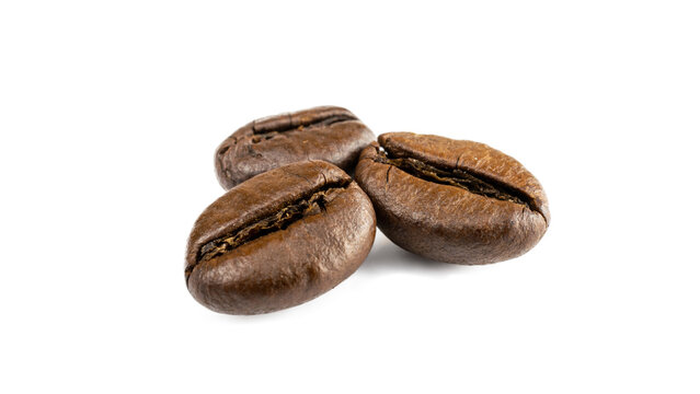 Coffee beans pattern. Black espresso coffee bean flying on white. Aromatic grain fall isolated. Represent breakfast for energy and freshness concept