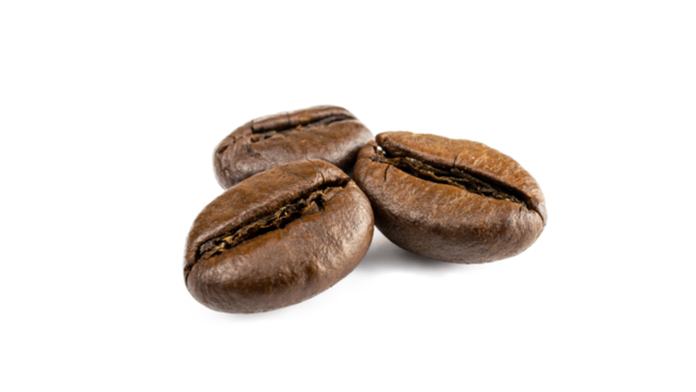 Coffee beans pattern. Black espresso coffee bean flying on white. Aromatic grain fall isolated. Represent breakfast for energy and freshness concept