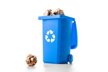 Bin collection. Blue dustbin for recycle paper trash isolated on