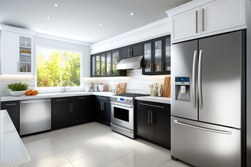 Modern kitchen with stainless steel appliances and white countertops