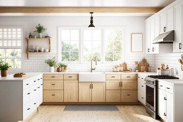 Fototapeta na wymiar Scandinavian kitchen design with white cabinets and wood floors
