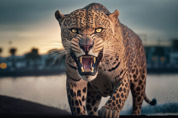 Leopard in motion at sunrise