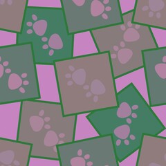 Cartoon animals seamless footprints dig and cat and polka dots and hearts pattern for wrapping paper and kids