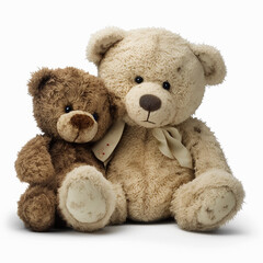 Very old vintage retro toy teddy bears white and brown  isolated on white close-up