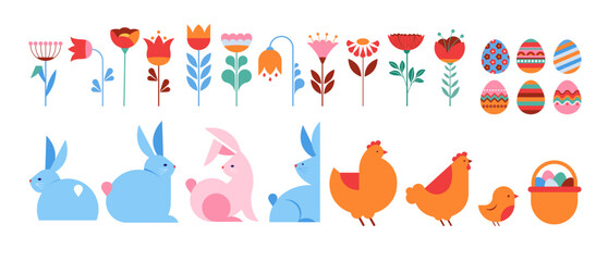 Happy Easter, decorated geometric style Easter card, banner. Bunnies, Easter eggs, flowers and basket. Modern minimalist design