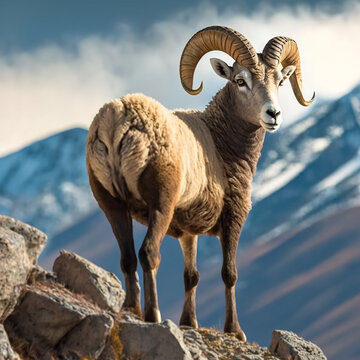 Mountain sheep goat argali on top of a rock against the backdrop of a mountain landscape close-up, beautiful natural background, wallpaper