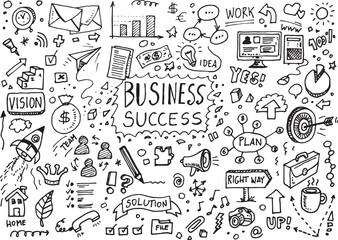 Business and success vector hand drawn doodles set, illustration on white paper