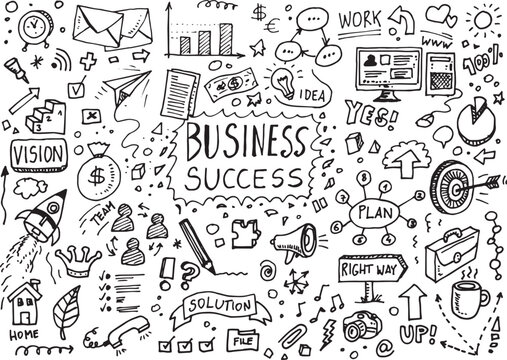 Business and success vector hand drawn doodles set, illustration on white paper