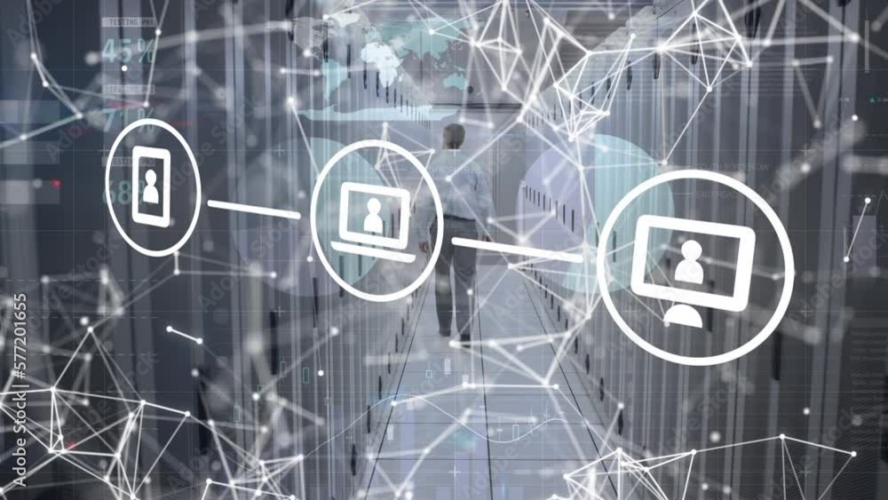 Aufkleber animation of media icons and network of connections over man walking in computer server room