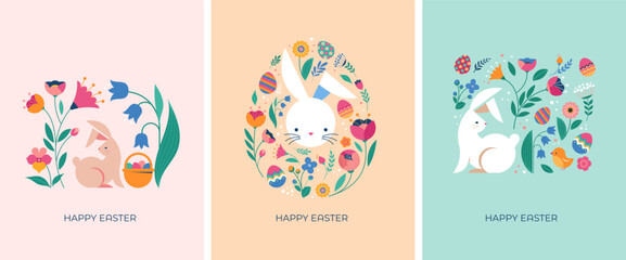Happy Easter, decorated geometric style Easter cards, banners. Bunnies, Easter eggs, flowers and basket. Modern minimalist design