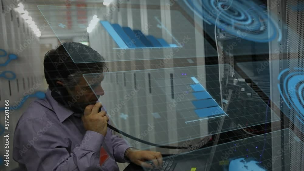 Poster animation of graphs and data processing over caucasian man on phone working in server room