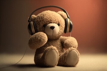 Cute teddy bear in a big headphones listening music against a pastel brown background. Adorable teddy bear. Isolated.  