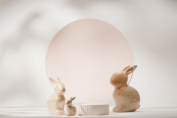 White easter pedestal or podium product presentation display with ceramic rabbit bunny decoration. Empty spring product stand. Background showcase. 3d render illustration