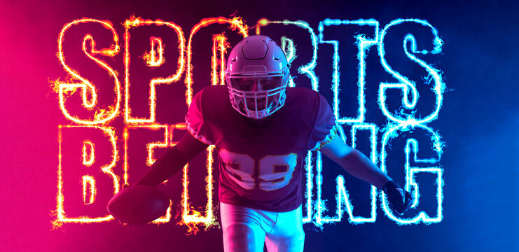 Sports Betting. American Football Player. Sports betting on american football. Sportsman with ball in helmet on stadium in action. Bets in the mobile application.