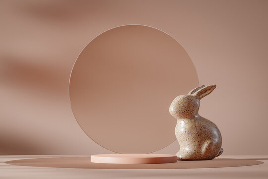 Beige easter pedestal or podium product presentation display with ceramic rabbit bunny. Empty spring product stand. Background showcase. 3d render illustration