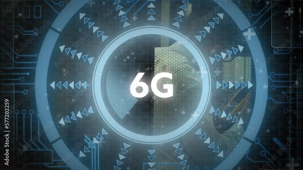 Poster animation of 6g text and data processing over caucasian man working in computer server room