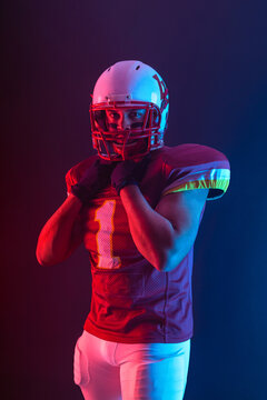 American football player banner with neon colors. Template for bookmaker ads with copy space. Mockup for betting advertisement. Sports betting, football betting, gambling, bookmaker, big win © Mike Orlov
