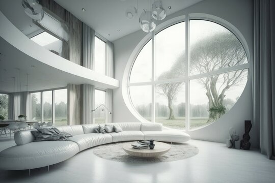 Modern, future minimalist interior on white color, big windows in living room. AI generated, human enhanced.