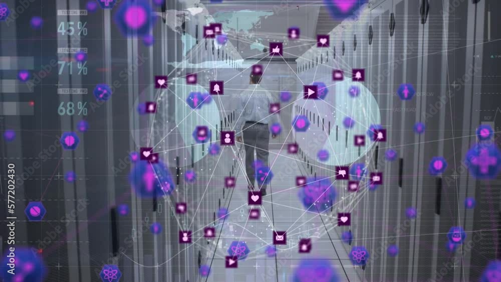 Poster animation of global network of icons and data processing over man walking in server room