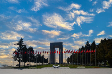 18 March memorial monument for soldiers who died in Canakkale war in WW1, Turkish flag and clouds...