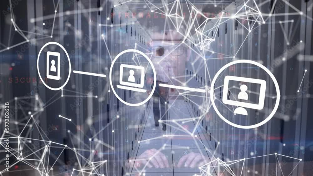 Poster animation of media icons and network of connections over man walking in computer server room