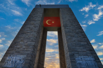 18 March memorial monument for soldiers who died in Canakkale war in WW1, Turkish flag and clouds...